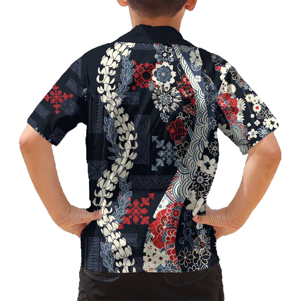 Hawaii Puakenikeni and Maile Lei Hawaiian Shirt Navy Blue Japanese Wave Style - Polynesian Pride