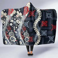 Hawaii Puakenikeni and Maile Lei Hooded Blanket Navy Blue Japanese Wave Style - Polynesian Pride