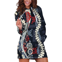 Hawaii Puakenikeni and Maile Lei Hoodie Dress Navy Blue Japanese Wave Style - Polynesian Pride