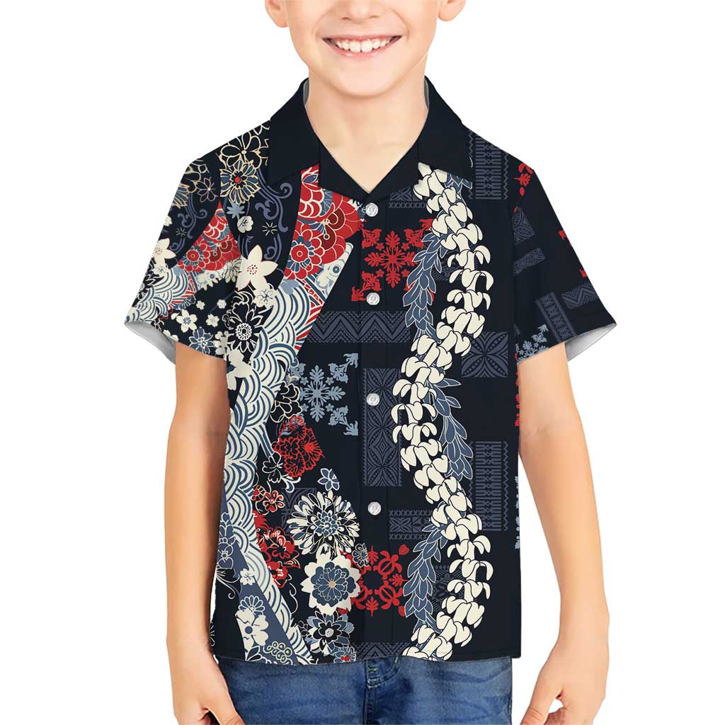 Hawaii Puakenikeni and Maile Lei Kid Hawaiian Shirt Navy Blue Japanese Wave Style - Polynesian Pride