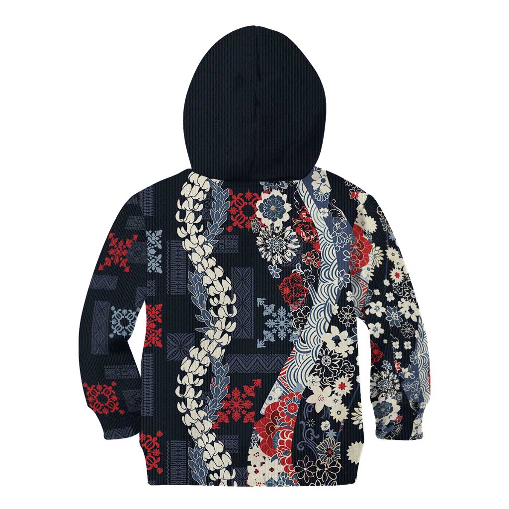 Hawaii Puakenikeni and Maile Lei Kid Hoodie Navy Blue Japanese Wave Style - Polynesian Pride