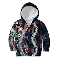 Hawaii Puakenikeni and Maile Lei Kid Hoodie Navy Blue Japanese Wave Style - Polynesian Pride