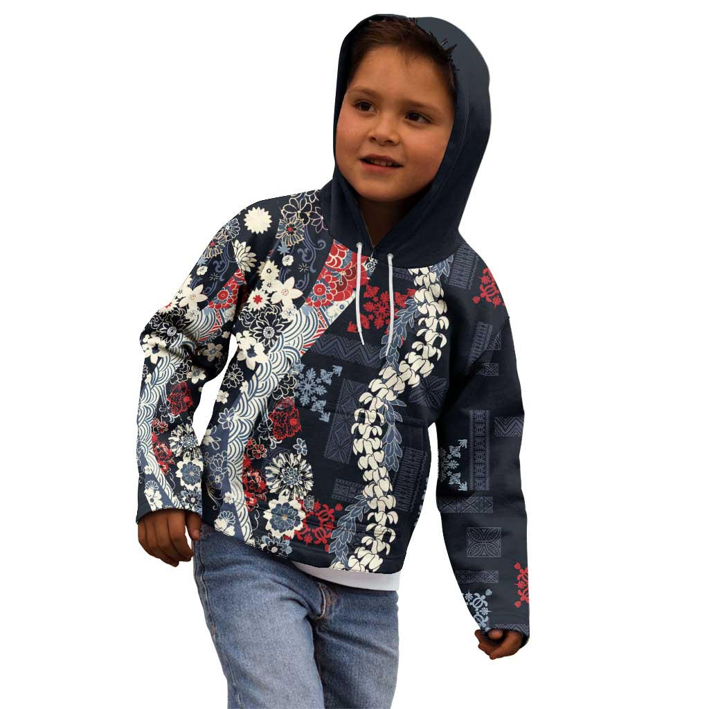 Hawaii Puakenikeni and Maile Lei Kid Hoodie Navy Blue Japanese Wave Style - Polynesian Pride