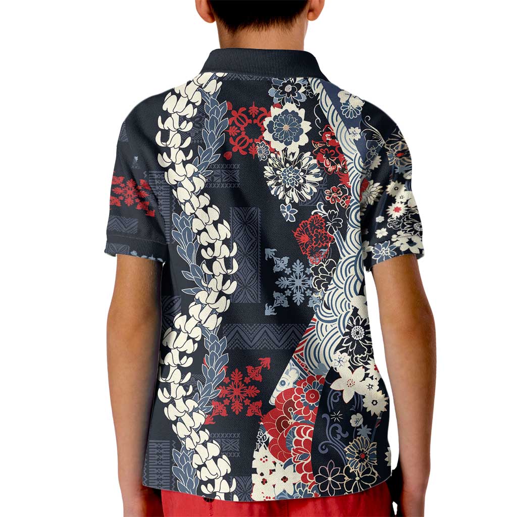Hawaii Puakenikeni and Maile Lei Kid Polo Shirt Navy Blue Japanese Wave Style - Polynesian Pride