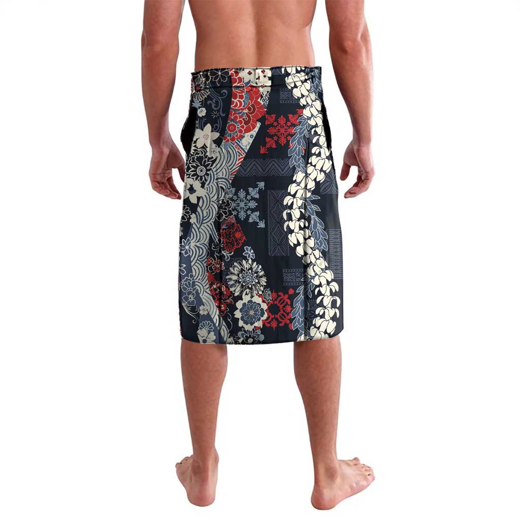 Hawaii Puakenikeni and Maile Lei Lavalava Navy Blue Japanese Wave Style - Polynesian Pride