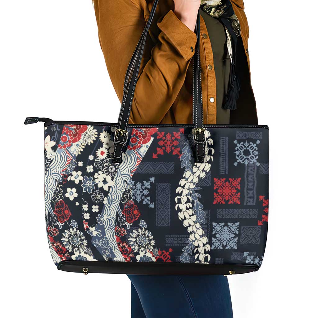 Hawaii Puakenikeni and Maile Lei Leather Tote Bag Navy Blue Japanese Wave Style - Polynesian Pride