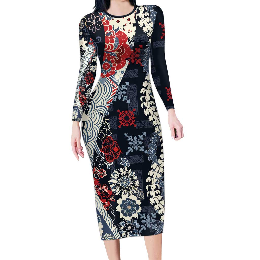 Hawaii Puakenikeni and Maile Lei Long Sleeve Bodycon Dress Navy Blue Japanese Wave Style - Polynesian Pride