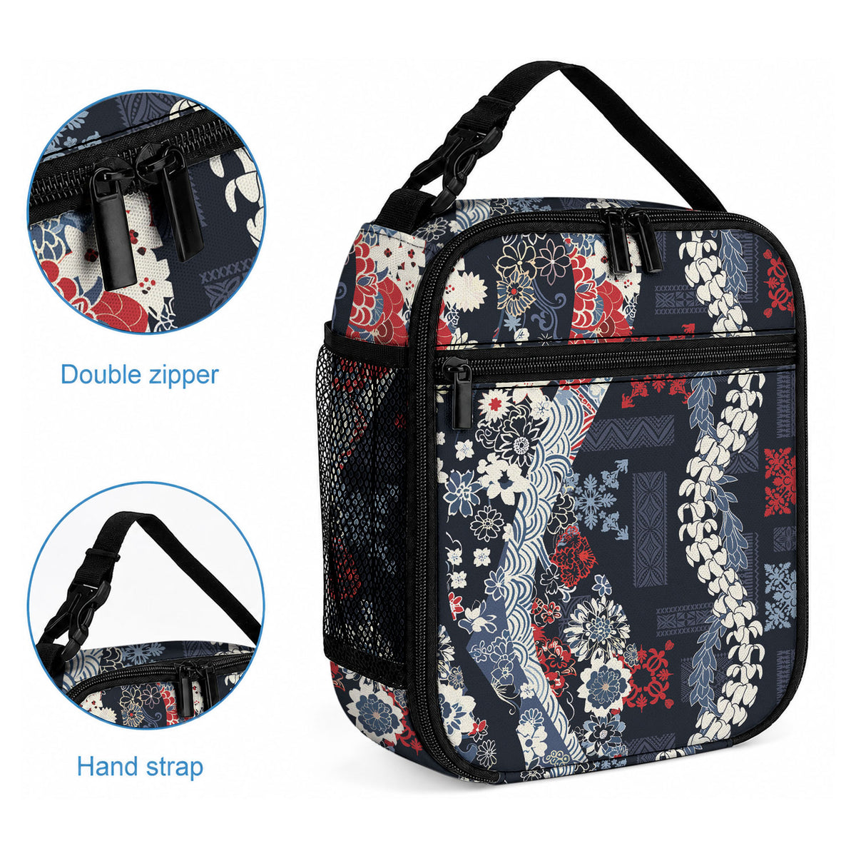 Hawaii Puakenikeni and Maile Lei Lunch Bag Navy Blue Japanese Wave Style LT9 - Polynesian Pride