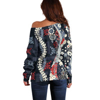 Hawaii Puakenikeni and Maile Lei Off Shoulder Sweater Navy Blue Japanese Wave Style - Polynesian Pride