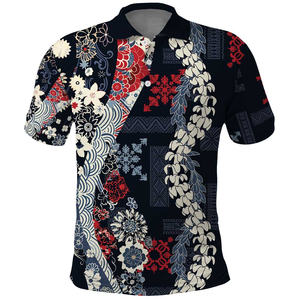 Hawaii Puakenikeni and Maile Lei Polo Shirt Navy Blue Japanese Wave Style - Polynesian Pride