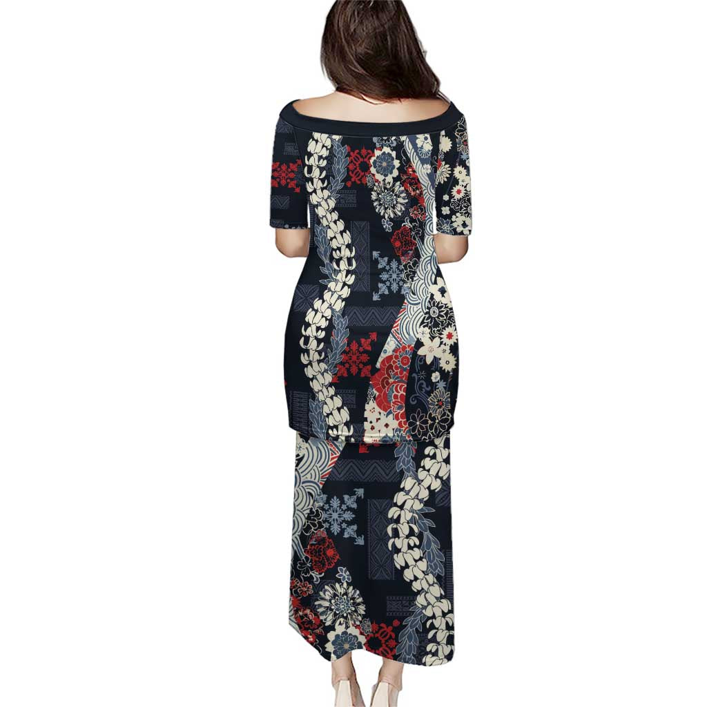 Hawaii Puakenikeni and Maile Lei Puletasi Navy Blue Japanese Wave Style - Polynesian Pride