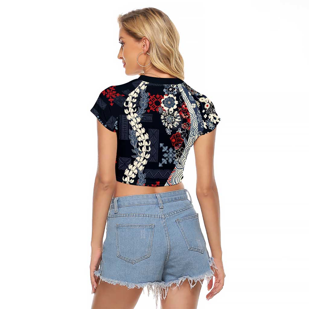 Hawaii Puakenikeni and Maile Lei Raglan Cropped T Shirt Navy Blue Japanese Wave Style - Polynesian Pride