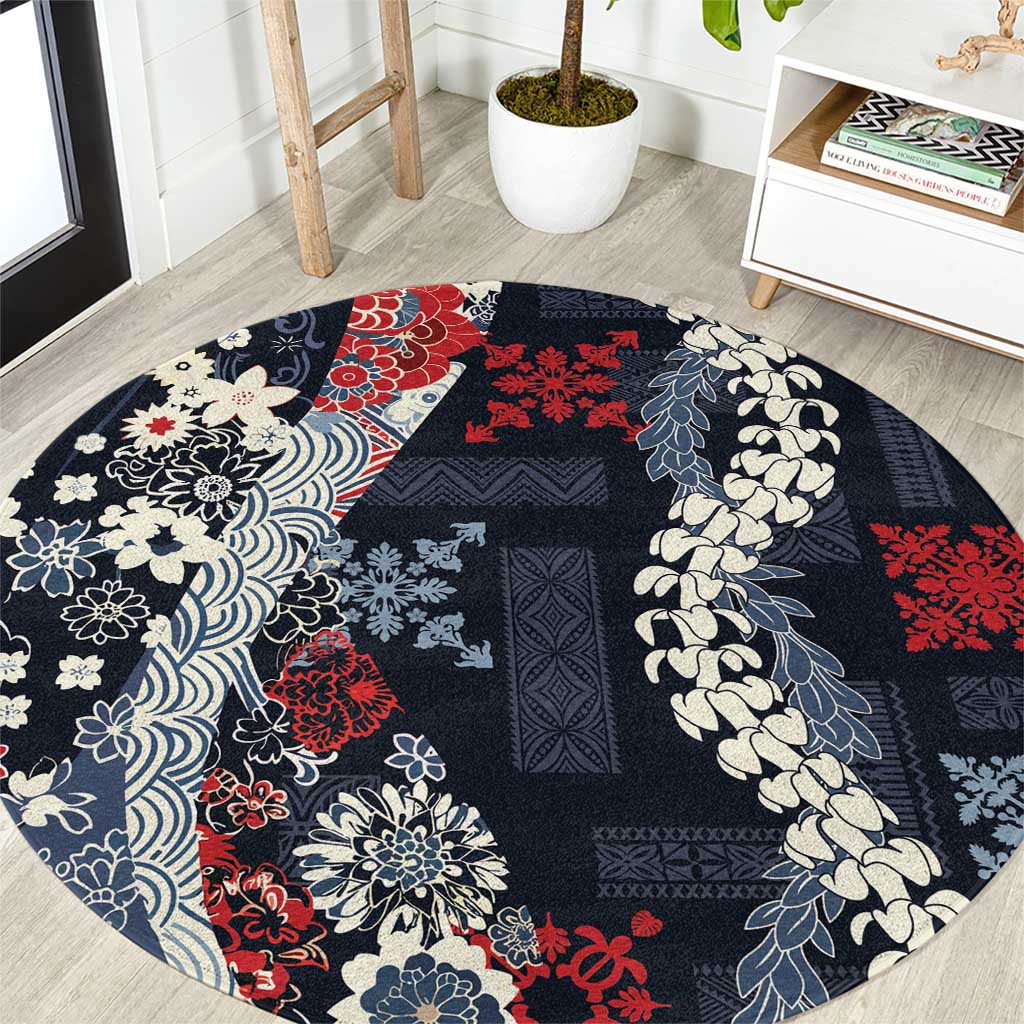 Hawaii Puakenikeni and Maile Lei Round Carpet Navy Blue Japanese Wave Style - Polynesian Pride