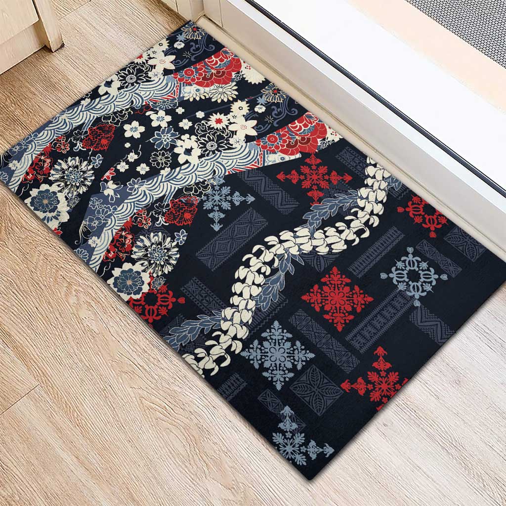Hawaii Puakenikeni and Maile Lei Rubber Doormat Navy Blue Japanese Wave Style - Polynesian Pride