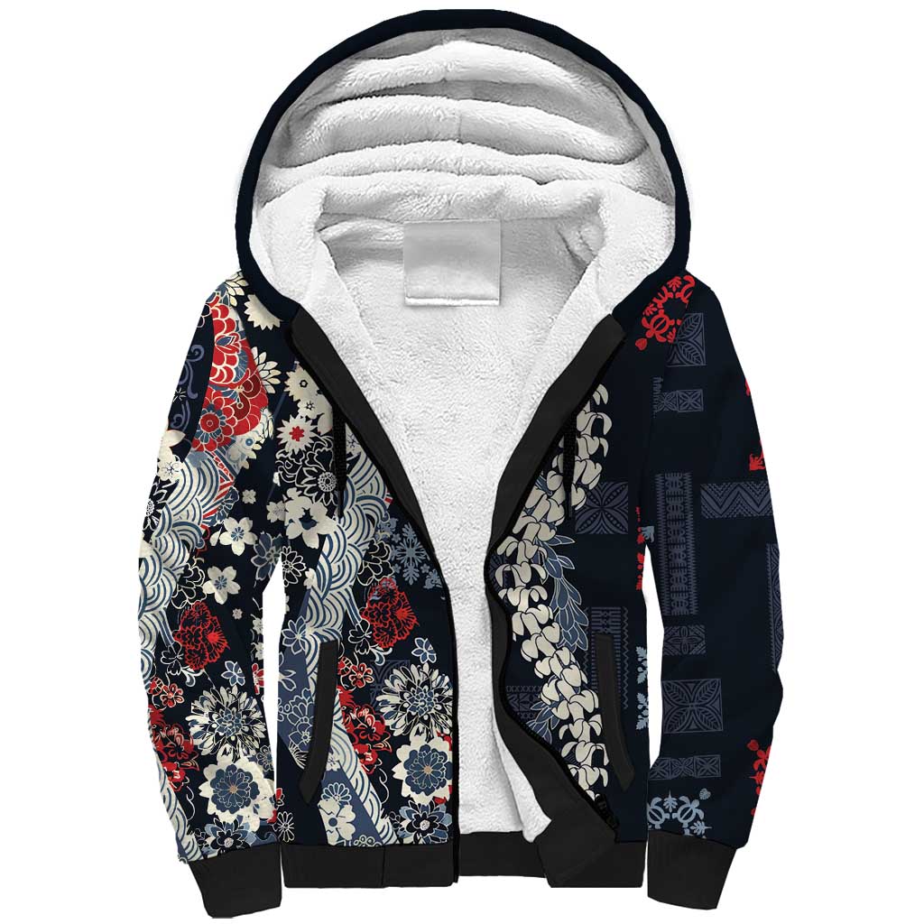 Hawaii Puakenikeni and Maile Lei Sherpa Hoodie Navy Blue Japanese Wave Style - Polynesian Pride