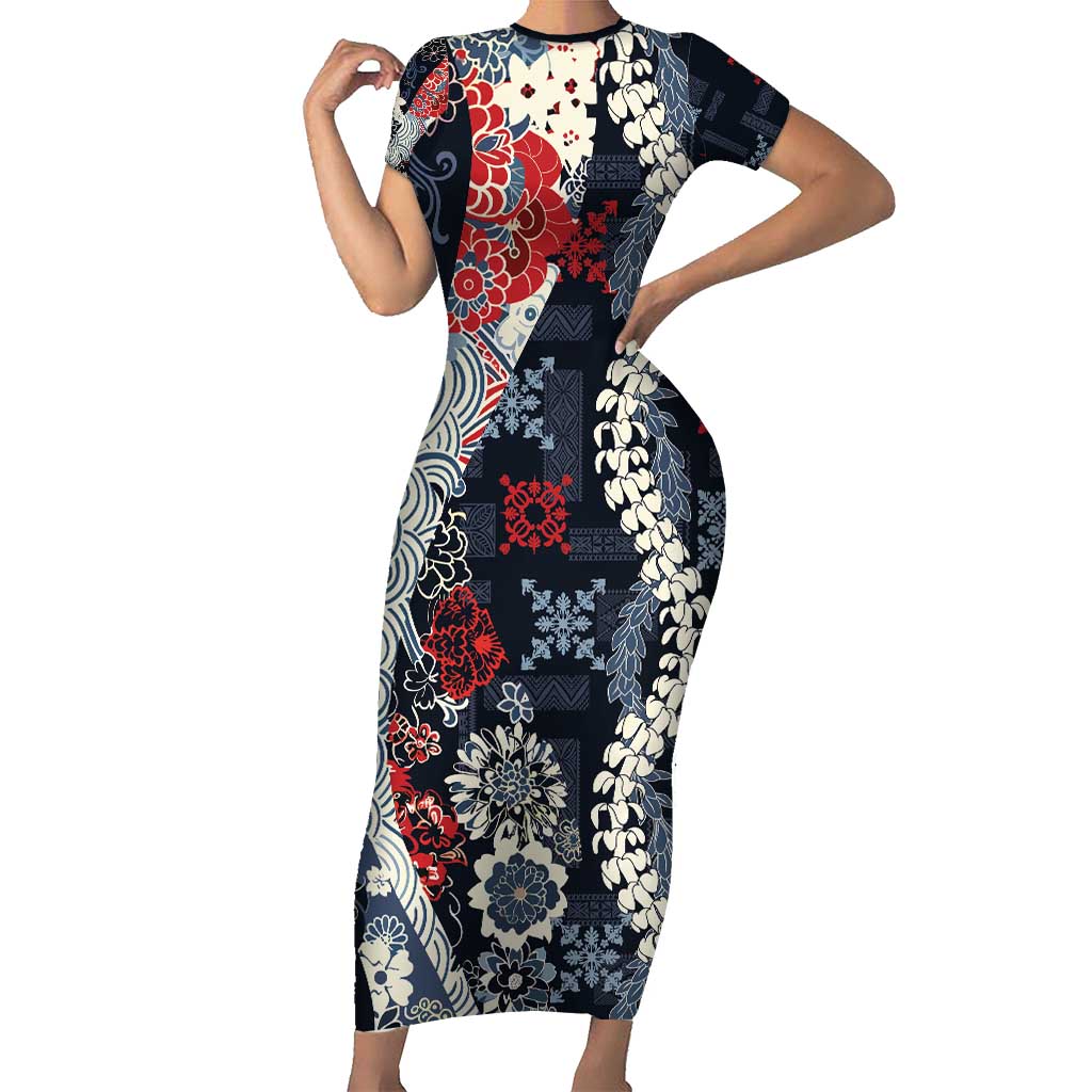 Hawaii Puakenikeni and Maile Lei Short Sleeve Bodycon Dress Navy Blue Japanese Wave Style - Polynesian Pride