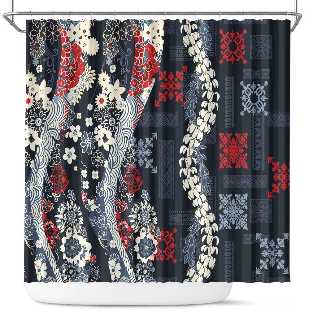 Hawaii Puakenikeni and Maile Lei Shower Curtain Navy Blue Japanese Wave Style - Polynesian Pride