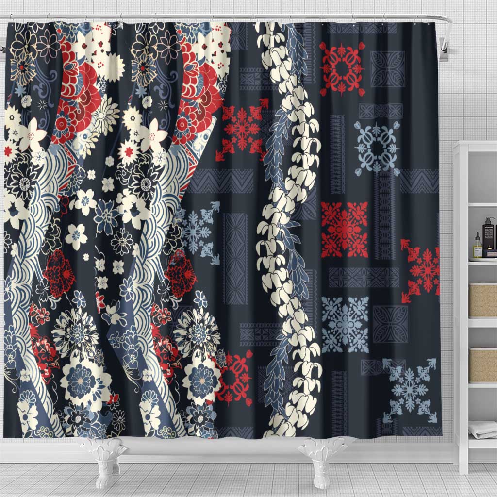 Hawaii Puakenikeni and Maile Lei Shower Curtain Navy Blue Japanese Wave Style - Polynesian Pride