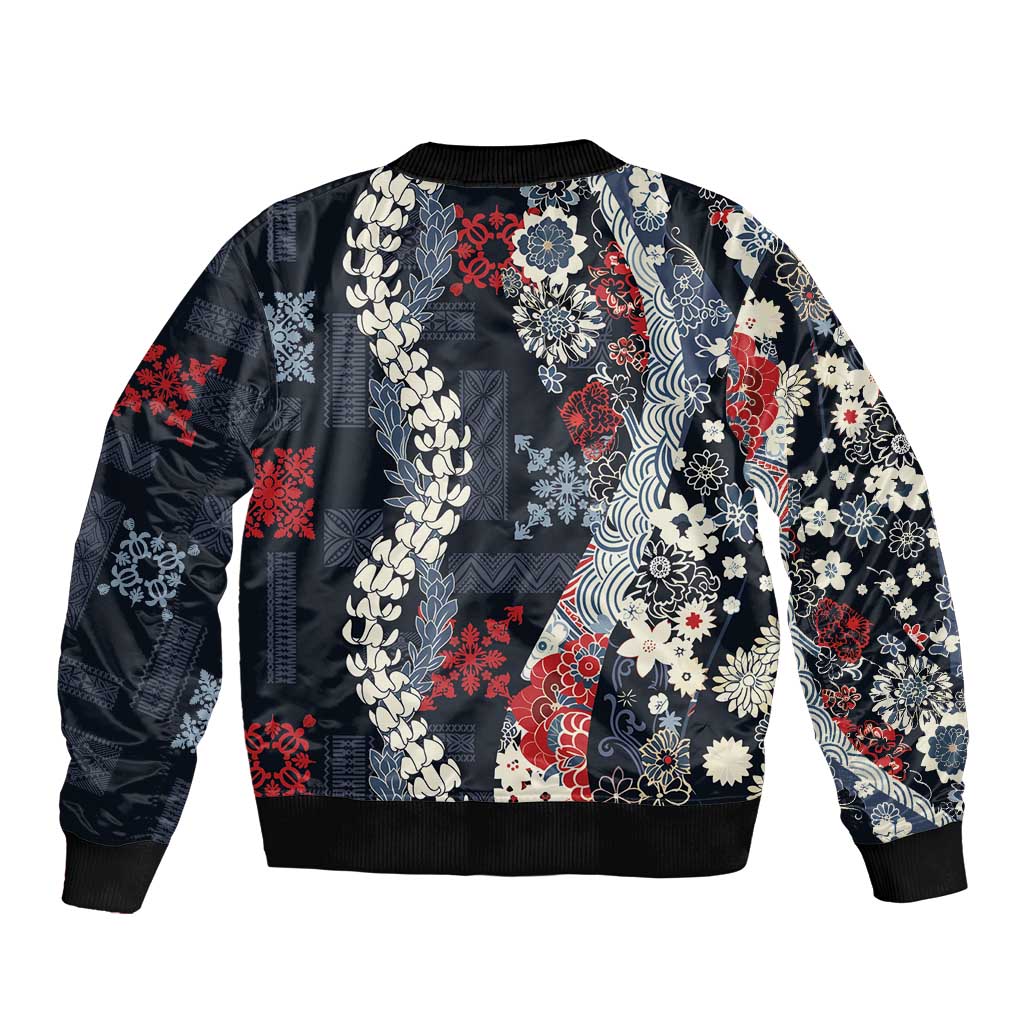 Hawaii Puakenikeni and Maile Lei Sleeve Zip Bomber Jacket Navy Blue Japanese Wave Style - Polynesian Pride