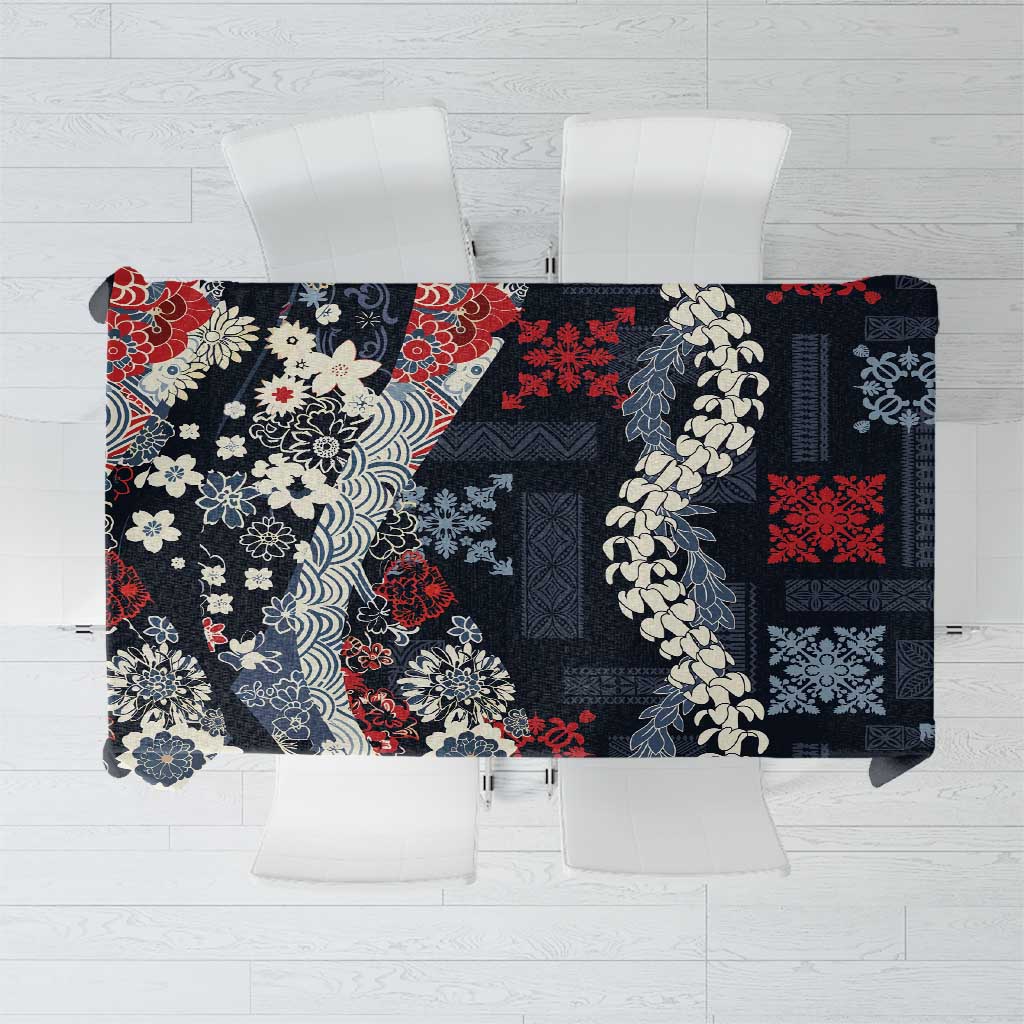 Hawaii Puakenikeni and Maile Lei Tablecloth Navy Blue Japanese Wave Style - Polynesian Pride