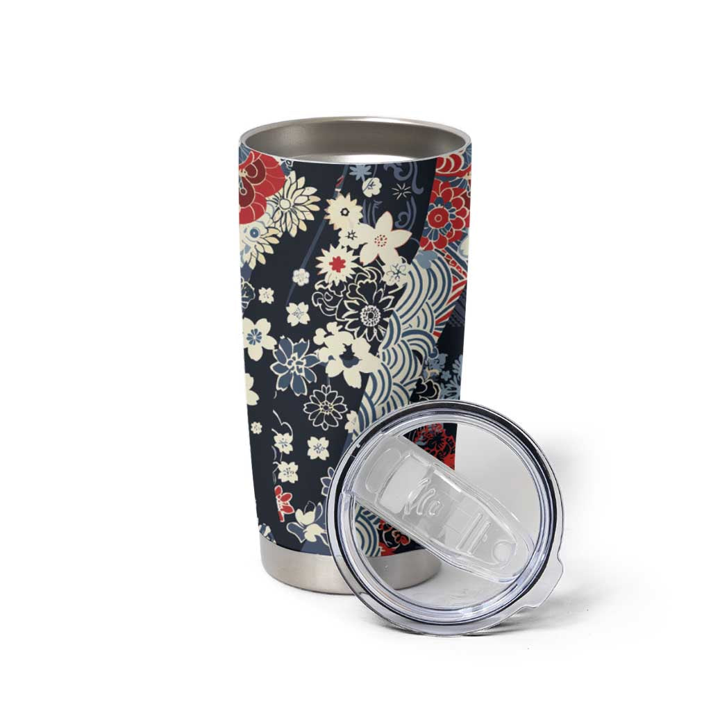 Hawaii Puakenikeni and Maile Lei Tumbler Cup Navy Blue Japanese Wave Style - Polynesian Pride