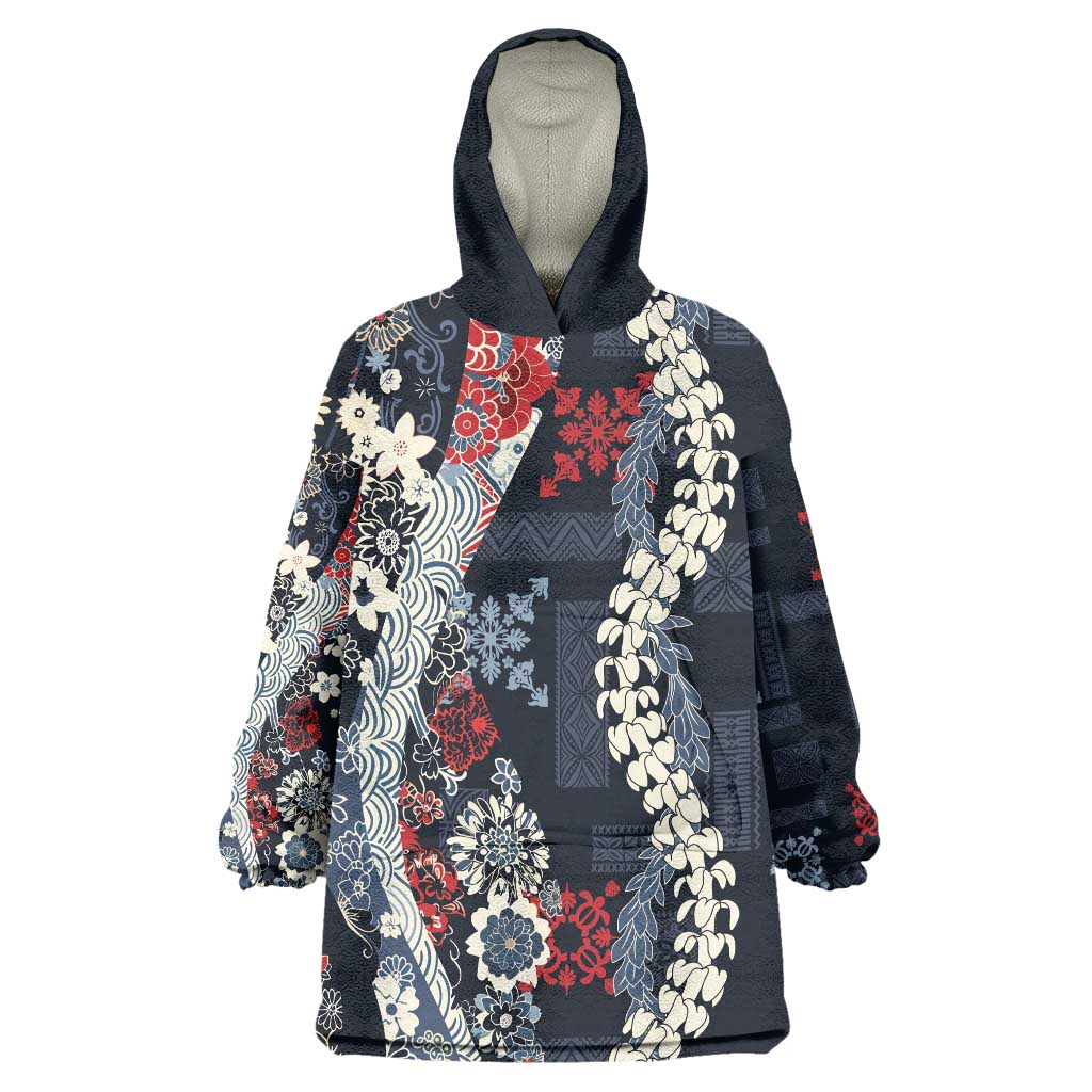 Hawaii Puakenikeni and Maile Lei Wearable Blanket Hoodie Navy Blue Japanese Wave Style - Polynesian Pride
