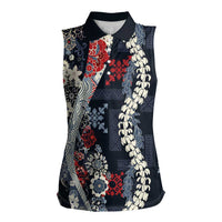 Hawaii Puakenikeni and Maile Lei Women Sleeveless Polo Shirt Navy Blue Japanese Wave Style - Polynesian Pride