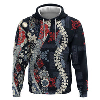 Hawaii Puakenikeni and Maile Lei Zip Hoodie Navy Blue Japanese Wave Style - Polynesian Pride