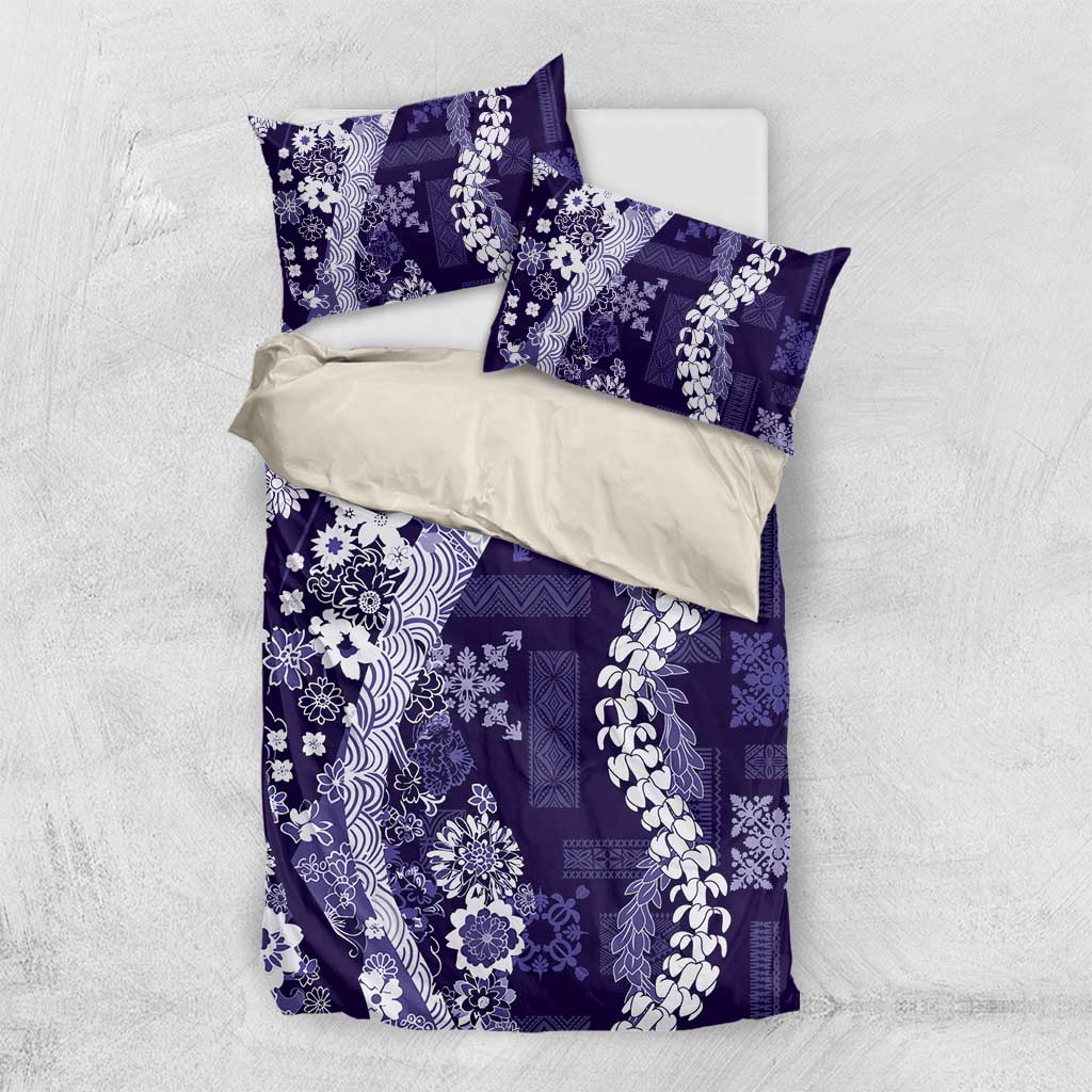 Hawaii Puakenikeni and Maile Lei Bedding Set Purple Japanese Wave Style - Polynesian Pride