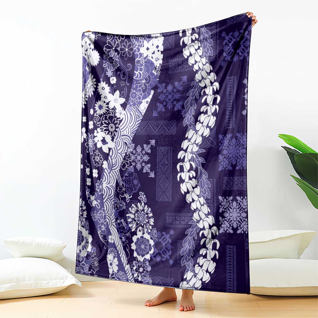 Hawaii Puakenikeni and Maile Lei Blanket Purple Japanese Wave Style - Polynesian Pride