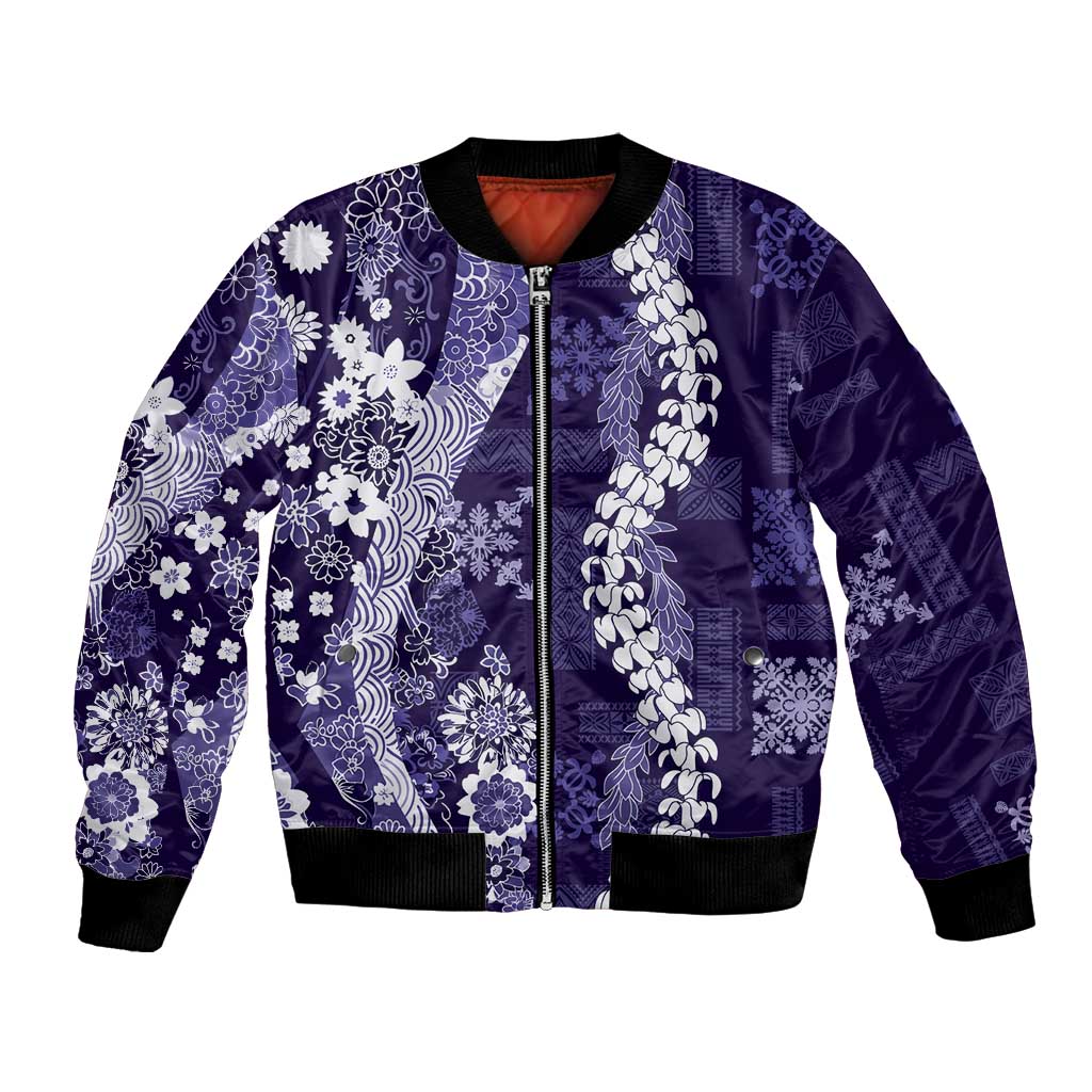 Hawaii Puakenikeni and Maile Lei Bomber Jacket Purple Japanese Wave Style - Polynesian Pride