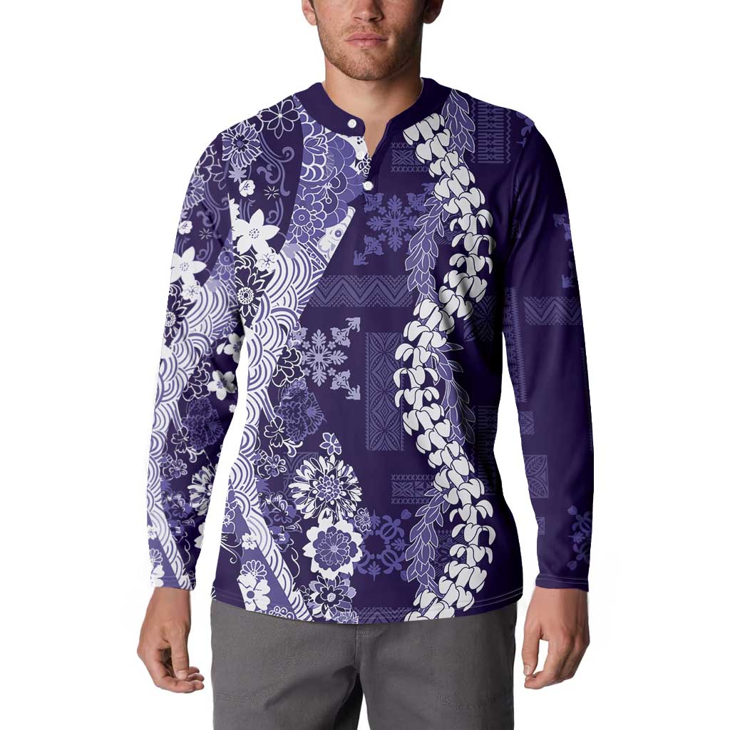 Hawaii Puakenikeni and Maile Lei Button Sweatshirt Purple Japanese Wave Style - Polynesian Pride