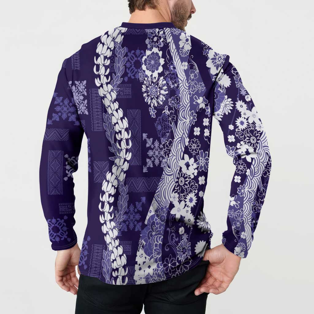 Hawaii Puakenikeni and Maile Lei Button Sweatshirt Purple Japanese Wave Style - Polynesian Pride