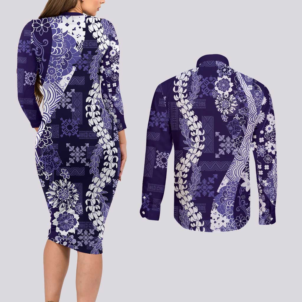 Hawaii Puakenikeni and Maile Lei Couples Matching Long Sleeve Bodycon Dress and Long Sleeve Button Shirt Purple Japanese Wave Style - Polynesian Pride
