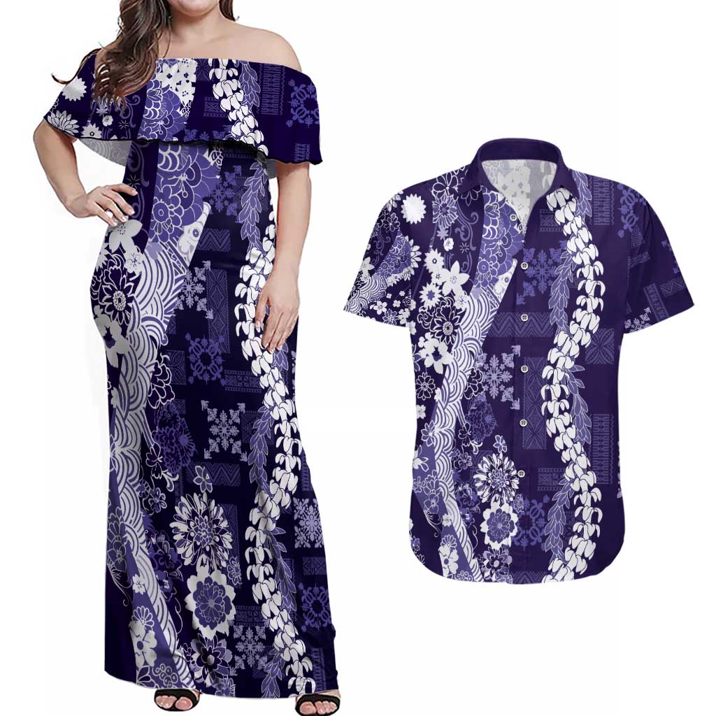 Hawaii Puakenikeni and Maile Lei Couples Matching Off Shoulder Maxi Dress and Hawaiian Shirt Purple Japanese Wave Style - Polynesian Pride