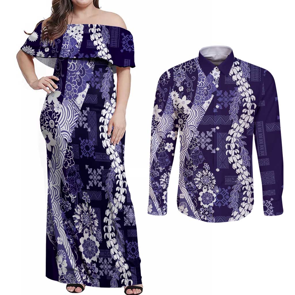 Hawaii Puakenikeni and Maile Lei Couples Matching Off Shoulder Maxi Dress and Long Sleeve Button Shirt Purple Japanese Wave Style - Polynesian Pride