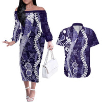 Hawaii Puakenikeni and Maile Lei Couples Matching Off The Shoulder Long Sleeve Dress and Hawaiian Shirt Purple Japanese Wave Style - Polynesian Pride