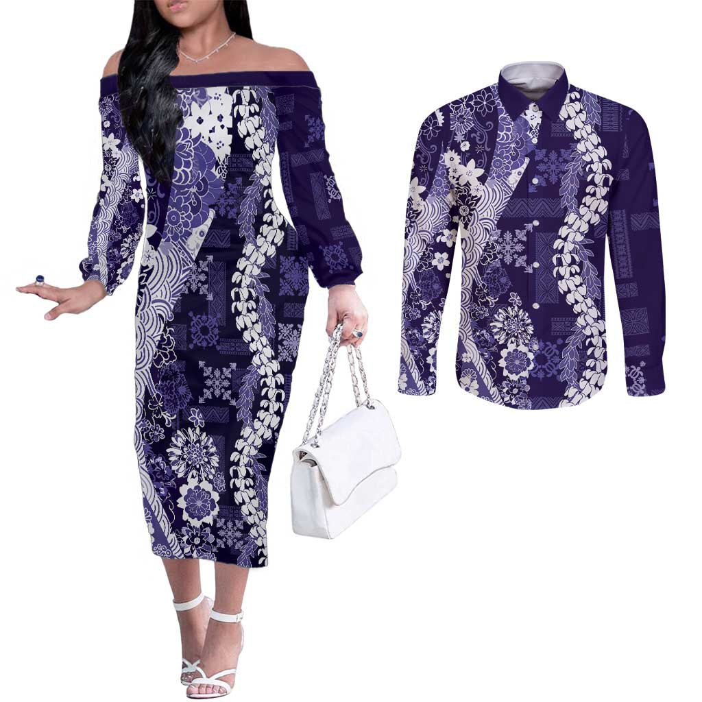 Hawaii Puakenikeni and Maile Lei Couples Matching Off The Shoulder Long Sleeve Dress and Long Sleeve Button Shirt Purple Japanese Wave Style - Polynesian Pride