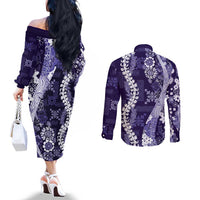 Hawaii Puakenikeni and Maile Lei Couples Matching Off The Shoulder Long Sleeve Dress and Long Sleeve Button Shirt Purple Japanese Wave Style - Polynesian Pride