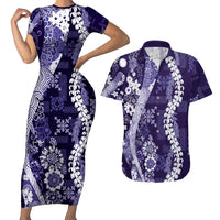 Hawaii Puakenikeni and Maile Lei Couples Matching Short Sleeve Bodycon Dress and Hawaiian Shirt Purple Japanese Wave Style - Polynesian Pride