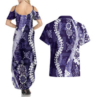 Hawaii Puakenikeni and Maile Lei Couples Matching Summer Maxi Dress and Hawaiian Shirt Purple Japanese Wave Style - Polynesian Pride