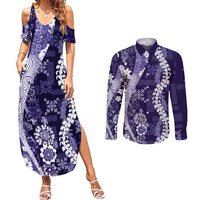 Hawaii Puakenikeni and Maile Lei Couples Matching Summer Maxi Dress and Long Sleeve Button Shirt Purple Japanese Wave Style - Polynesian Pride