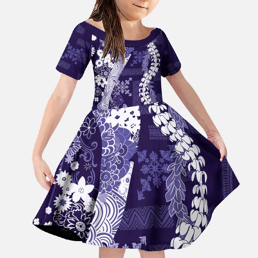 Hawaii Puakenikeni and Maile Lei Family Matching Off Shoulder Maxi Dress and Hawaiian Shirt Purple Japanese Wave Style - Polynesian Pride