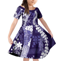Hawaii Puakenikeni and Maile Lei Family Matching Off Shoulder Short Dress and Hawaiian Shirt Purple Japanese Wave Style - Polynesian Pride