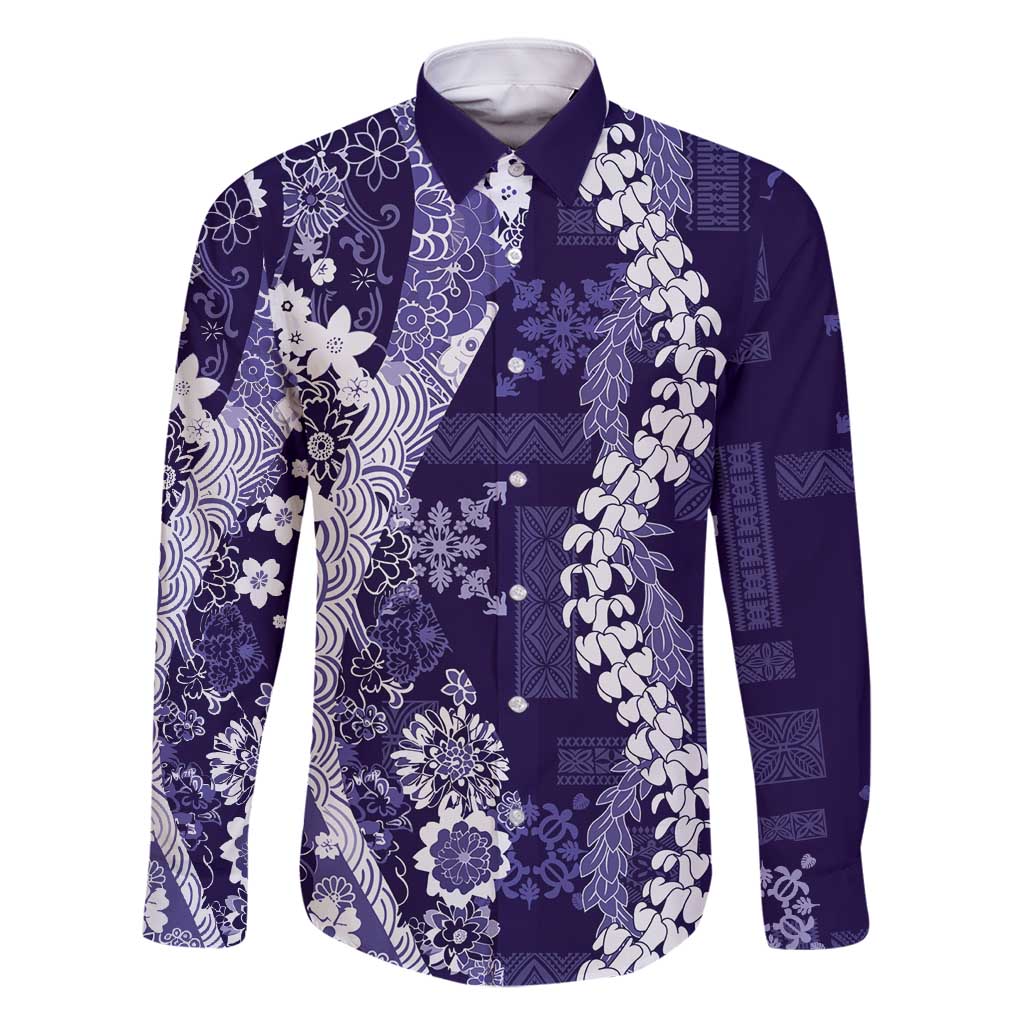 Hawaii Puakenikeni and Maile Lei Family Matching Off Shoulder Short Dress and Hawaiian Shirt Purple Japanese Wave Style - Polynesian Pride