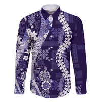 Hawaii Puakenikeni and Maile Lei Family Matching Off Shoulder Short Dress and Hawaiian Shirt Purple Japanese Wave Style - Polynesian Pride