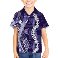 Hawaii Puakenikeni and Maile Lei Family Matching Off Shoulder Short Dress and Hawaiian Shirt Purple Japanese Wave Style - Polynesian Pride