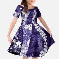 Hawaii Puakenikeni and Maile Lei Family Matching Puletasi and Hawaiian Shirt Purple Japanese Wave Style LT9 Daughter's Dress Purple - Polynesian Pride