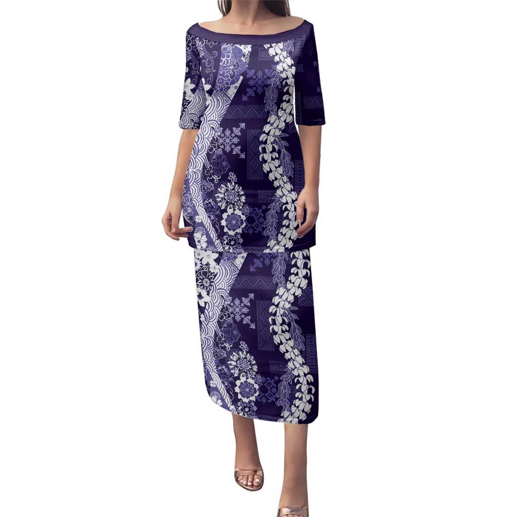Hawaii Puakenikeni and Maile Lei Family Matching Puletasi and Hawaiian Shirt Purple Japanese Wave Style LT9 Mom's Dress Purple - Polynesian Pride