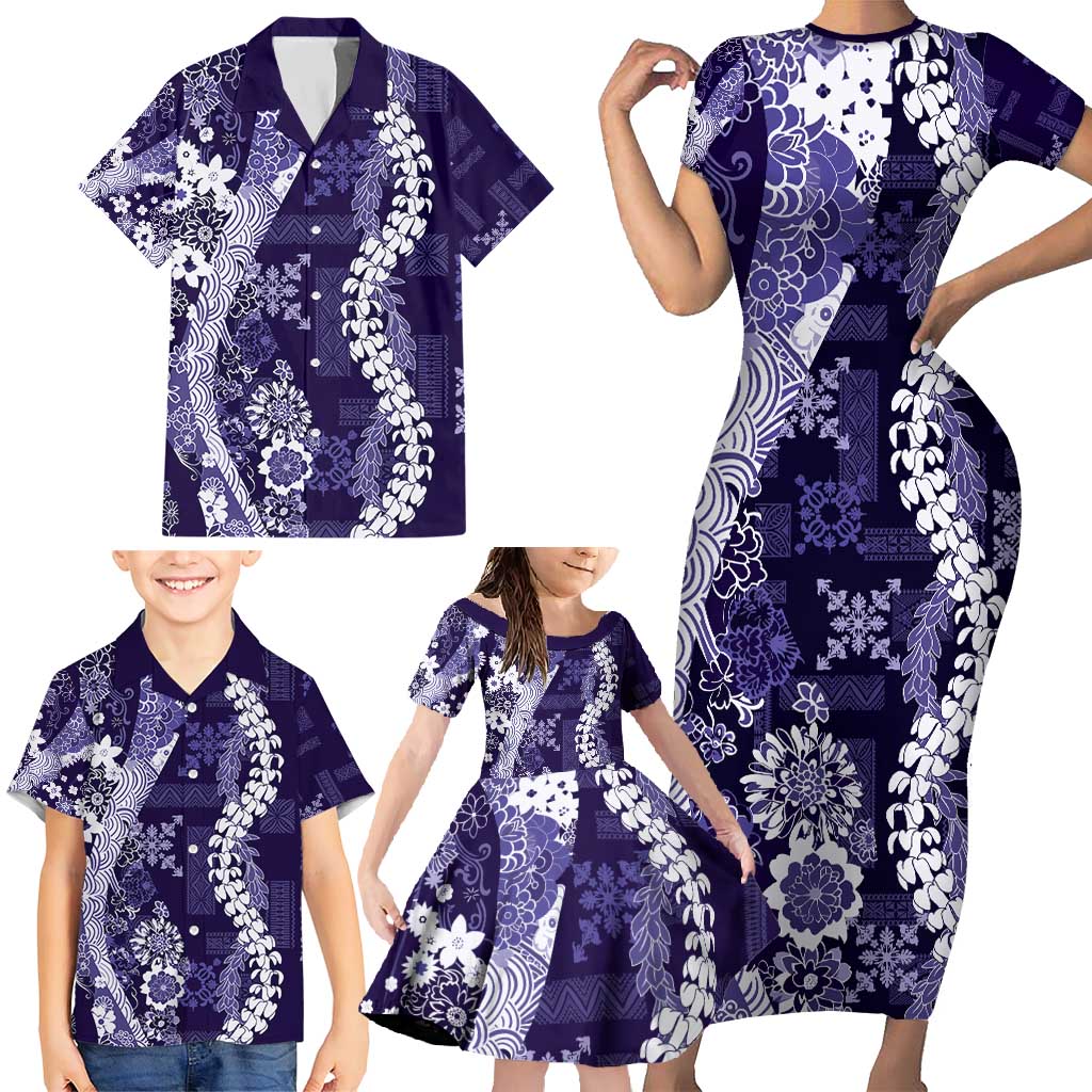 Hawaii Puakenikeni and Maile Lei Family Matching Short Sleeve Bodycon Dress and Hawaiian Shirt Purple Japanese Wave Style - Polynesian Pride